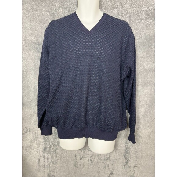 Segreto Sweater Size XL V Neck 100% Pure New Wool Fine Merino Textured Navy - Picture 2 of 16